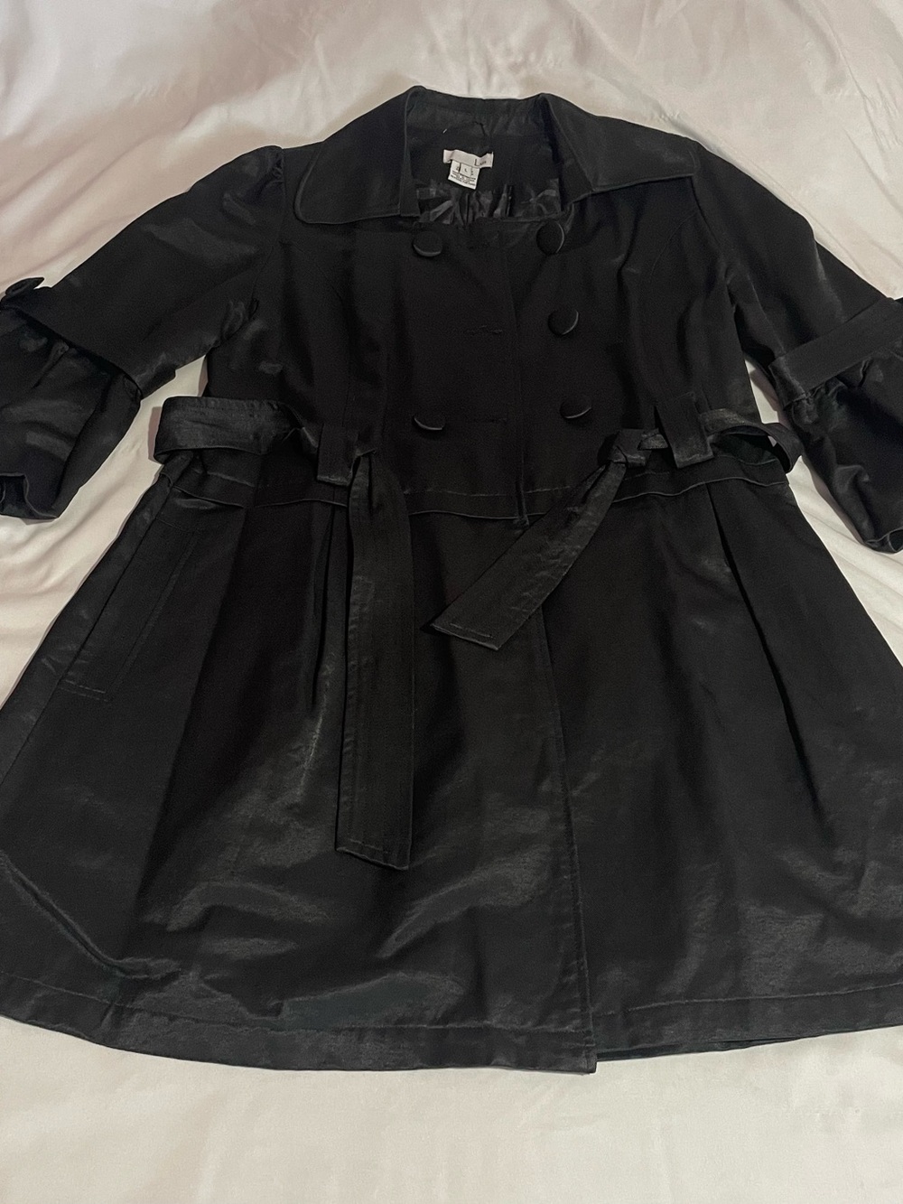 Luii Anthropologie Black Double-Breasted Trench Coat with Waist Tie